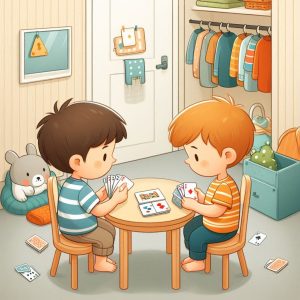 دو پسری که کارت بازی می کنند، بازی حافظه انجام میدهند.