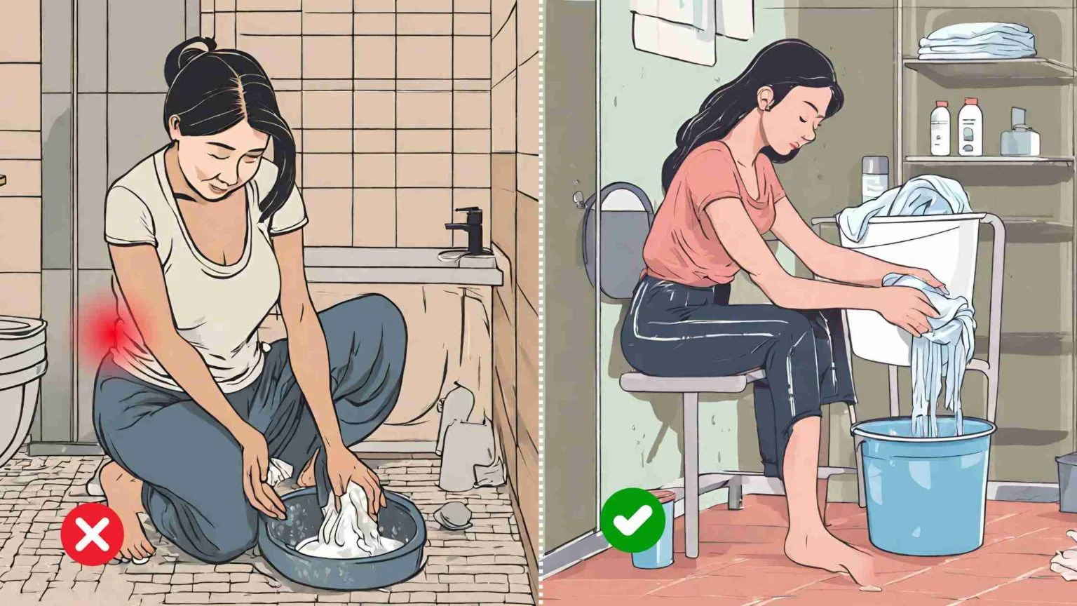 موقع شستن لباس با دست حتما روی صندلی یا چارپایه بشینین تا به زانو و کمر فشاری وارد نشود و حتما از لگن هایی با دیواره بلند استفاده کنین تا خم نشوید